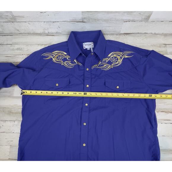 Ace of Diamond Shirt Mens XXL Blue Gold Pearl Snap Rockabilly Horseshoes USA - Picture 7 of 8